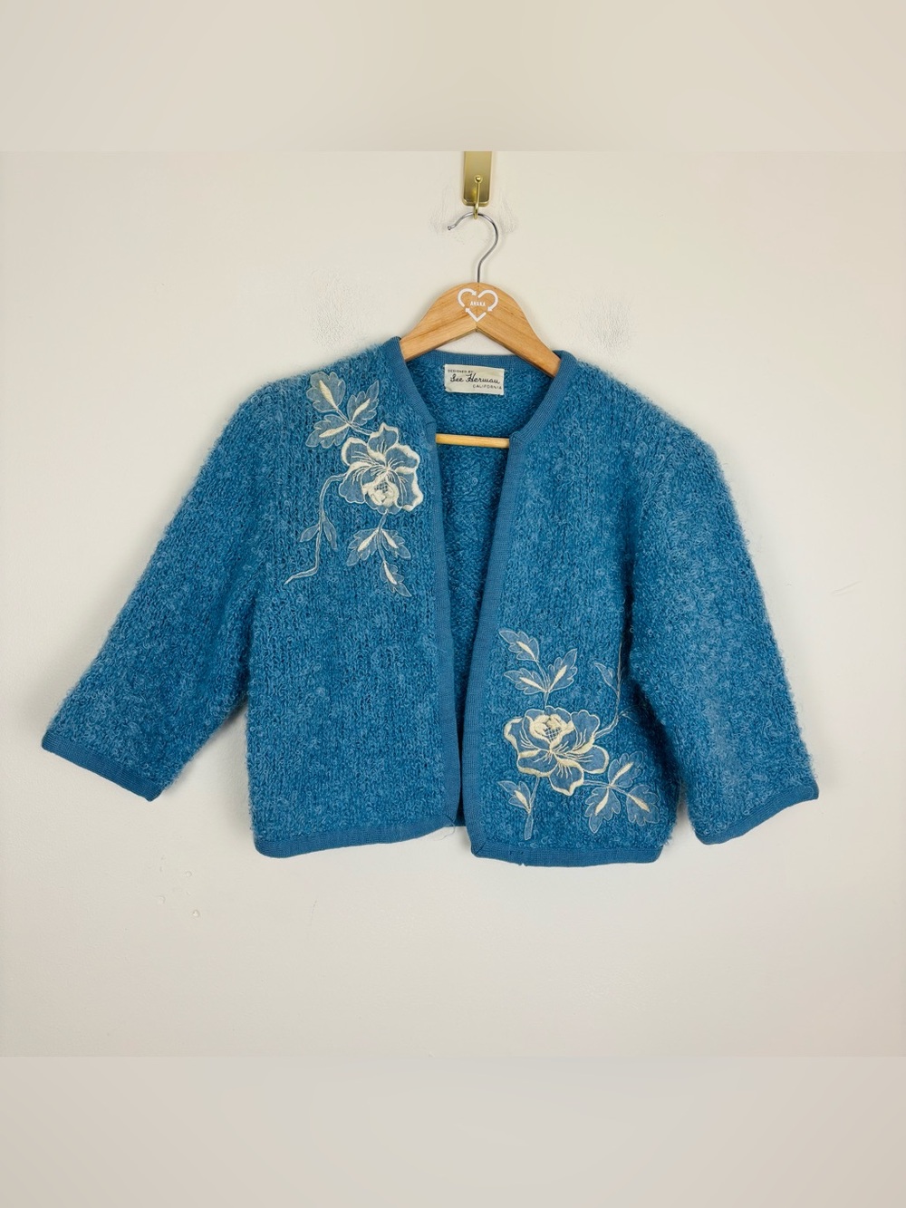 Vintage 1950s Lee Herman Baby Blue Fuzzy Floral Bouclé Cropped Cardigan